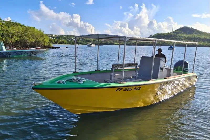 Bateau jaune et vert avec passagers naviguant sur une eau calme
