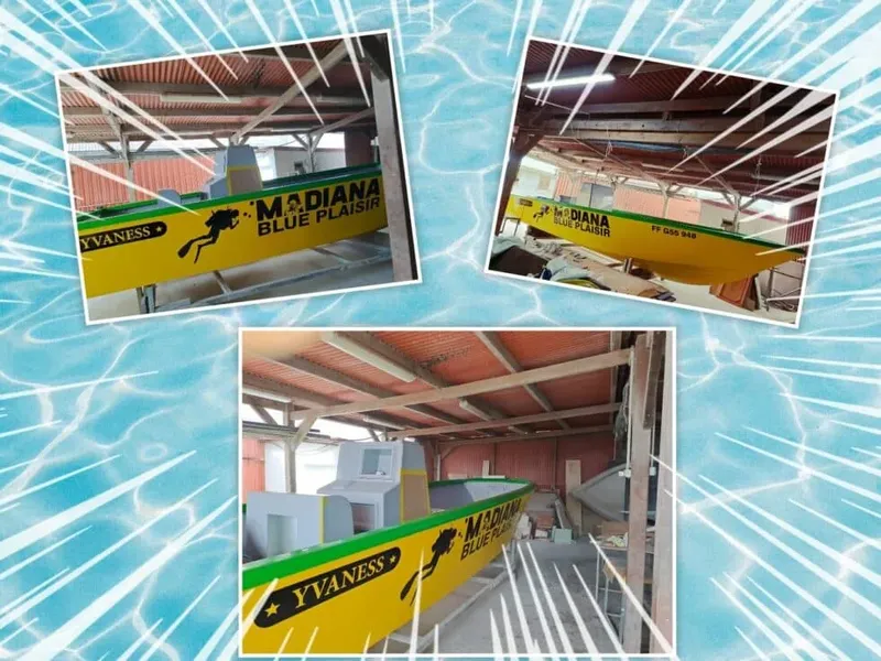 Trois photos d'un bateau de plongée jaune et vert sur un fond bleu