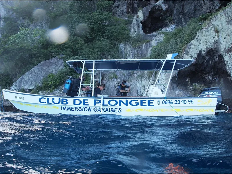 Bateau de plongée blanc et bleu amarré devant une côte rocheuse