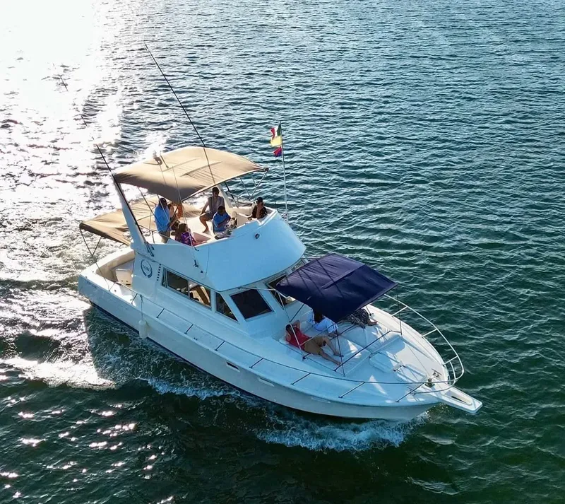 Bateau de plaisance blanc avec des passagers naviguant sur une mer bleue