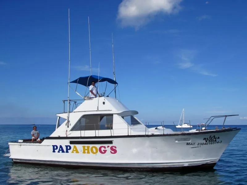 Bateau de plongée blanc et bleu avec deux personnes à bord en mer
