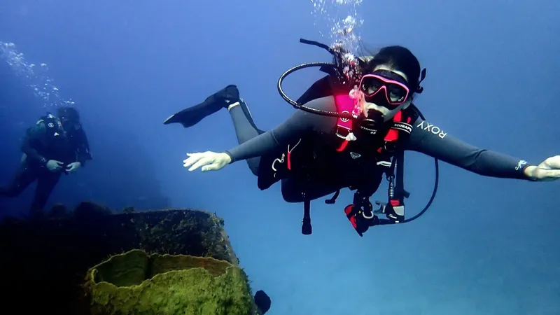 Deux plongeurs explorent un site sous-marin bleu et ensoleillé