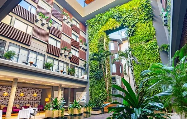 Vue intérieure d'un bâtiment moderne avec un mur végétal luxuriant
