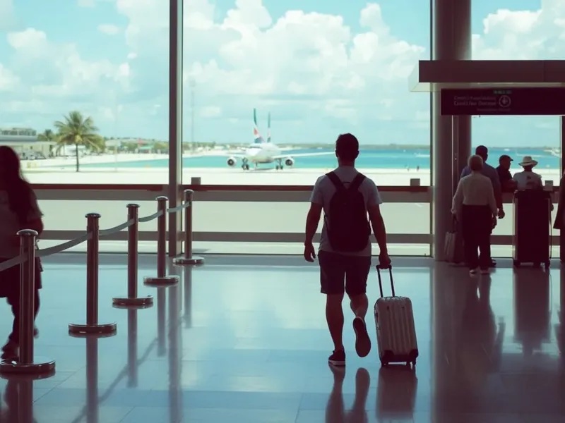 Voyageurs dans un aéroport avec vue sur des avions et la mer