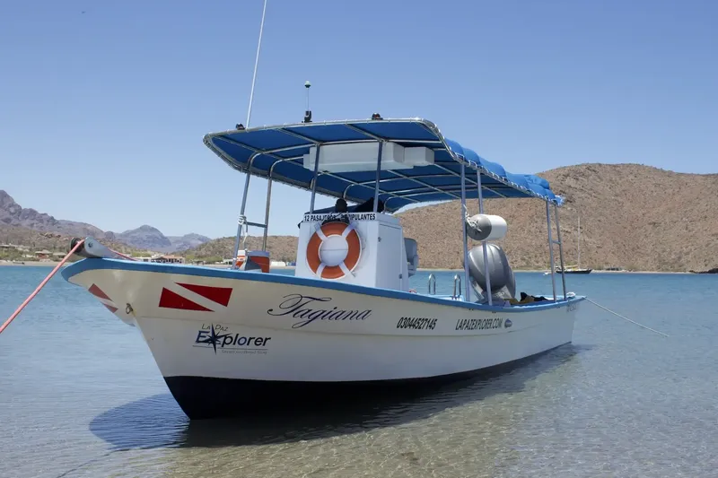 Bateau de plongée blanc et bleu amarré dans une eau claire