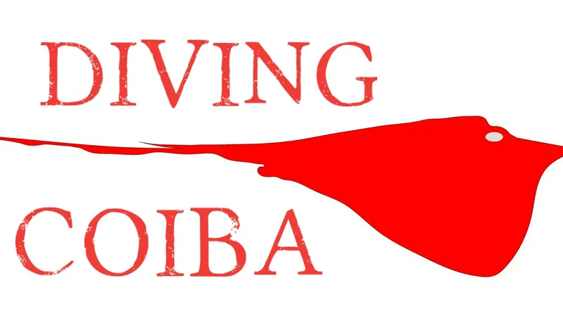 Raie manta rouge et texte DIVING COIBA sur fond blanc