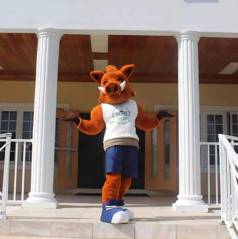 Personnage mascotte sanglier roux devant l'entrée d'un bâtiment