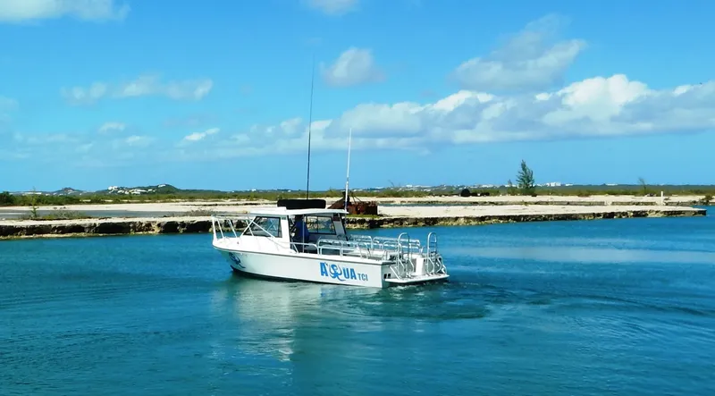 Bateau de plongée blanc navigue sur une eau turquoise sous un ciel bleu