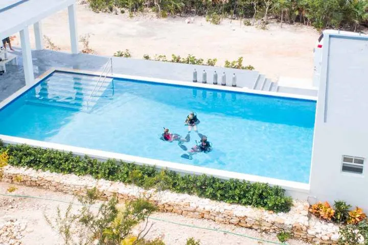 Trois plongeurs s'entrainent dans une piscine avec du matériel