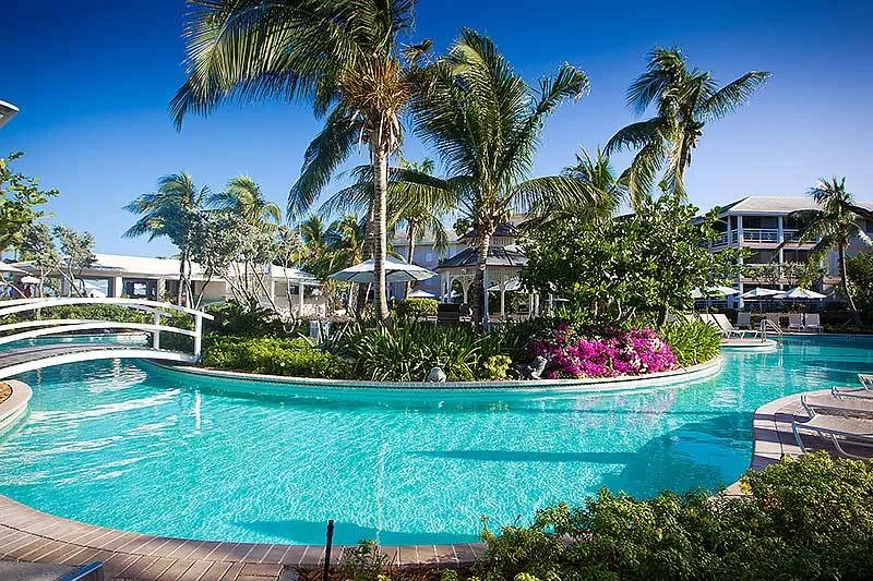 Piscine tropicale avec végétation luxuriante et bâtiments en arrière-plan