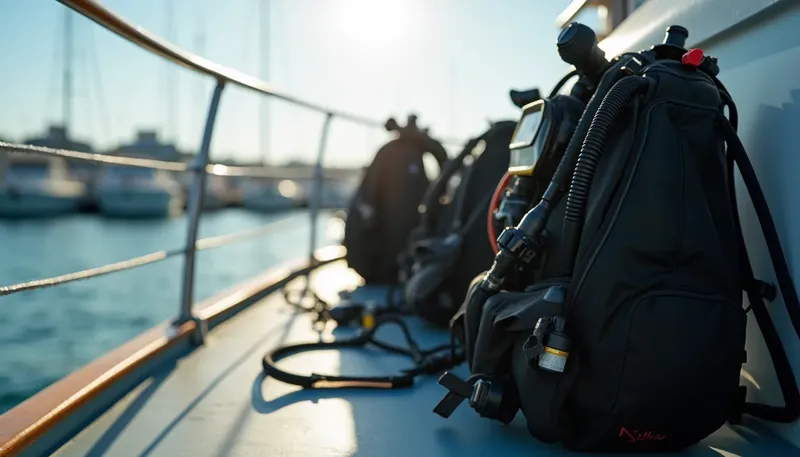 Equipement de plongée prêt à l'emploi sur le pont d'un bateau