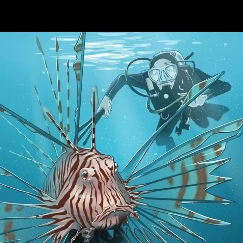 Plongeur face à un poisson-lion, illustration sous-marine colorée et détaillée