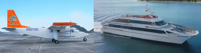 Deux photos : un petit avion et un grand bateau blanc en mer