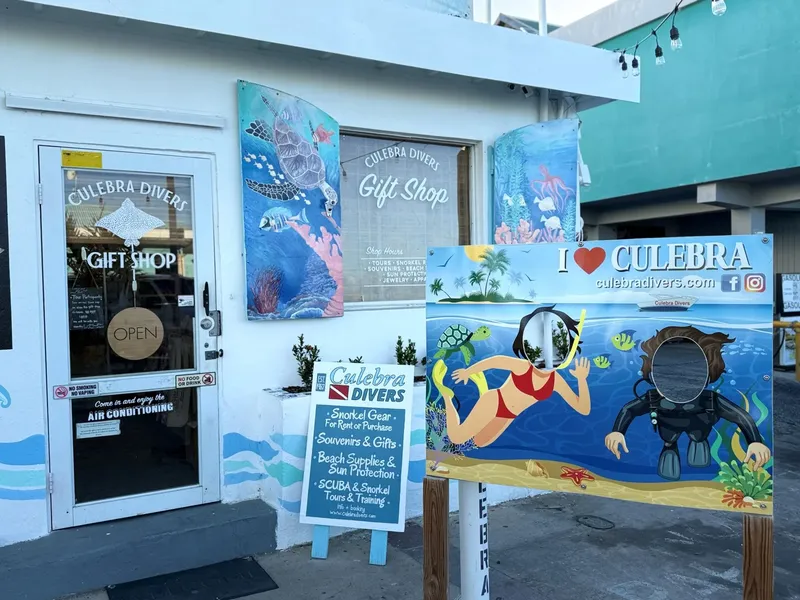 Devanture d'une boutique de plongée avec des illustrations marines colorées