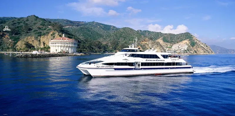 Catamaran blanc navigue sur une mer bleue devant des collines