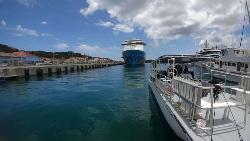 Bateaux de plongée amarrés au port avec un grand navire en arrière-plan