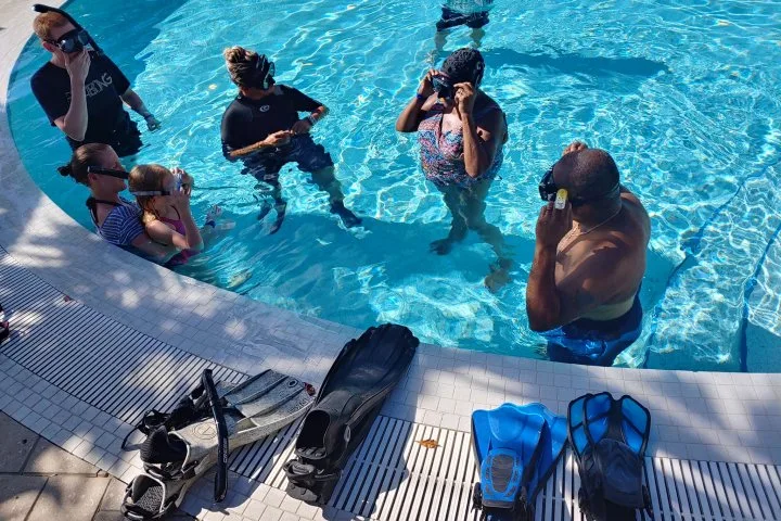 Groupe de personnes en maillot de bain avec du matériel de plongée dans une piscine