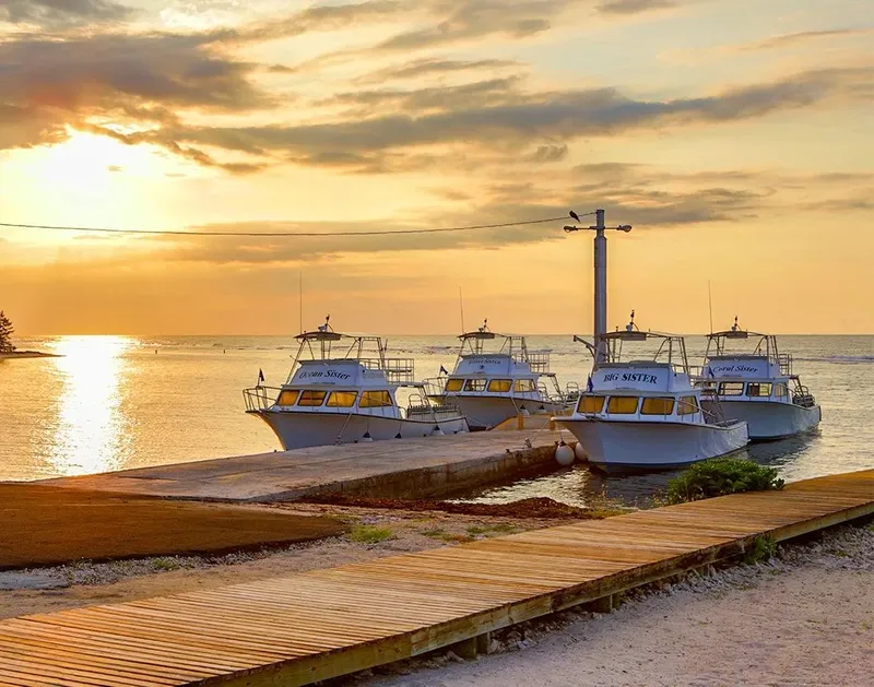 Trois bateaux de plongée amarrés à un ponton au coucher du soleil