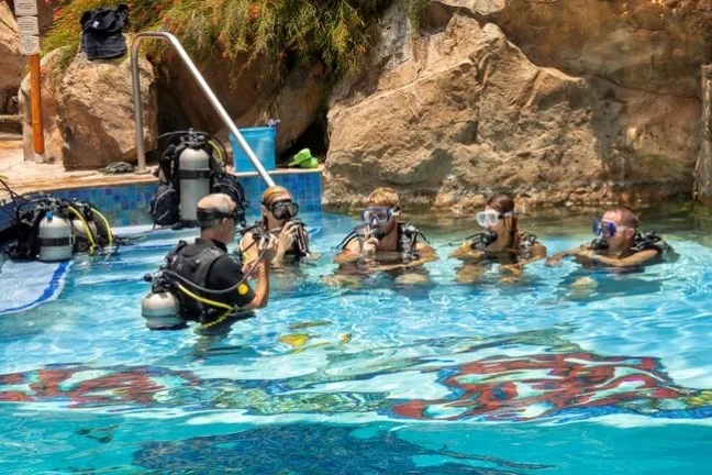 Initiation plongée : instructeur et élèves dans une piscine