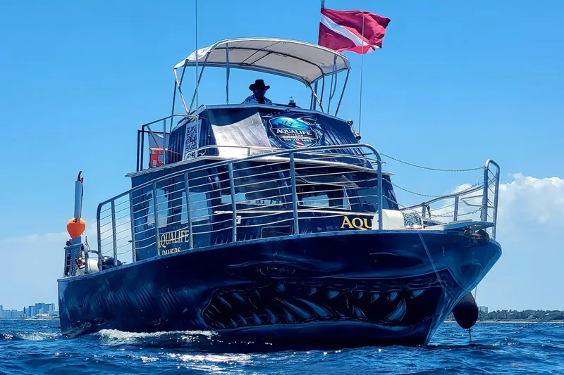 Bateau de plongée noir décoré d'une gueule de requin en mer