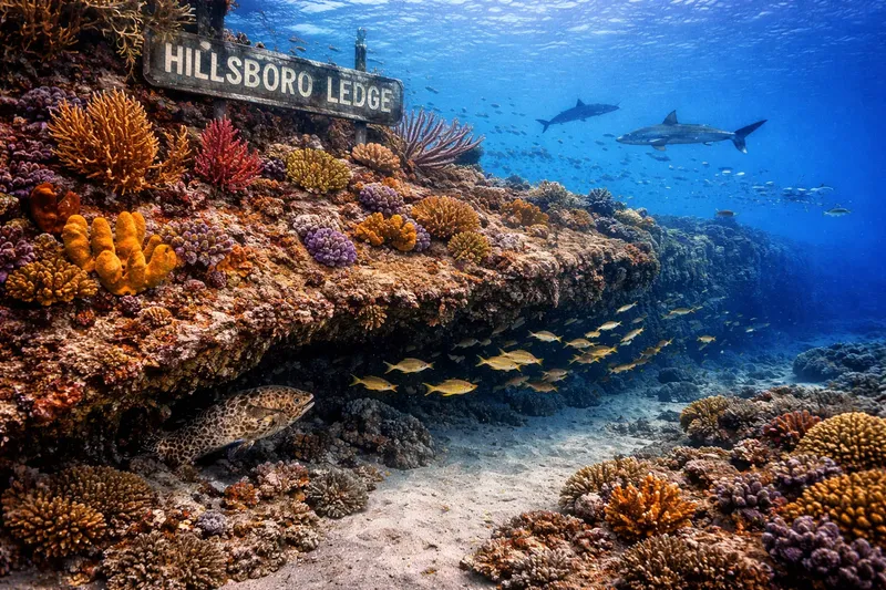 Recif corallien coloré avec des poissons et un requin en arrière-plan