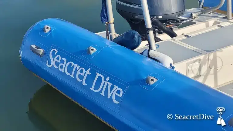 Bateau de plongée bleu avec le nom du centre écrit dessus