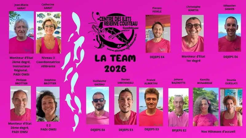Portrait de l'équipe du centre de plongée avec qualifications