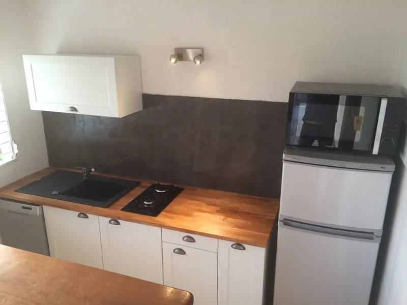 Cuisine équipée avec plan de travail en bois et électroménager