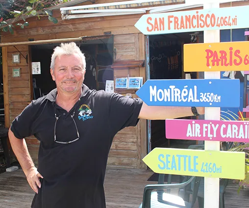 Homme souriant devant des panneaux directionnels vers différentes villes
