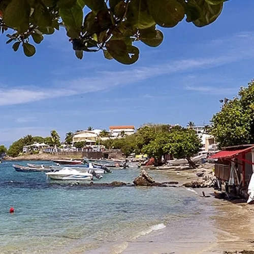 Plage tropicale avec bateaux amarrés devant bâtiments et végétation luxuriante