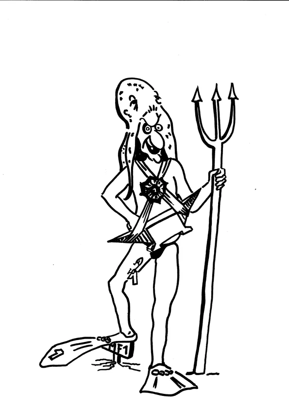 Illustration d'un plongeur caricatural avec palmes et trident