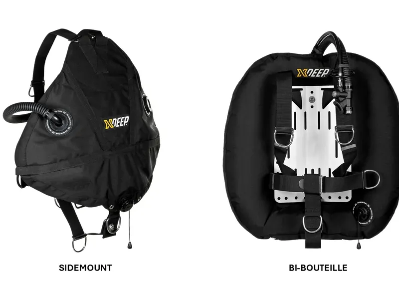 Equipement de plongée sidemount et bi-bouteille noir avec accessoires