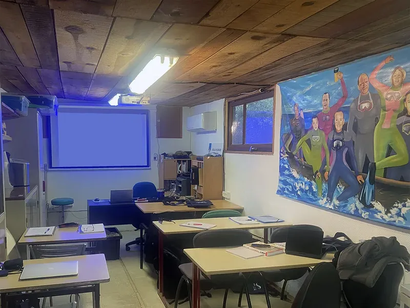 Salle de cours avec tables, chaises, projecteur et fresque de plongeurs