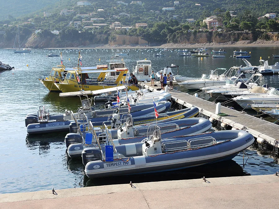 Plusieurs bateaux pneumatiques amarrés à un quai ensoleillé avec des personnes