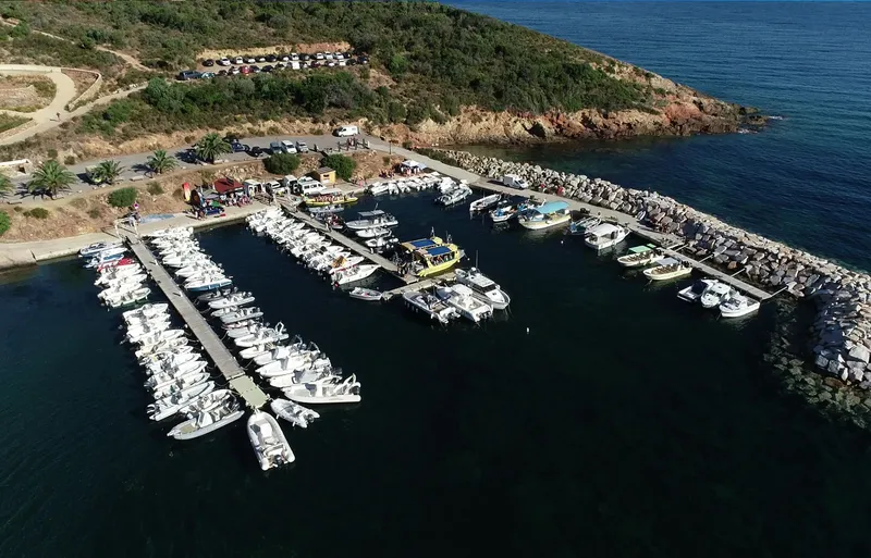 Vue aérienne d'un port de plaisance avec de nombreux bateaux amarrés