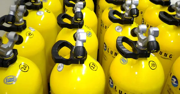 Bouteilles de plongée jaunes alignées, prêtes à être utilisées pour une sortie