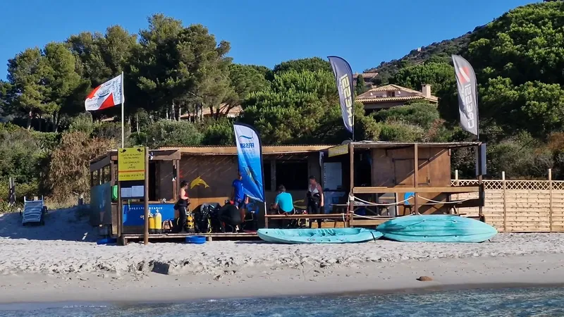 Centre de plongée sur plage avec personnes, matériel et enseignes