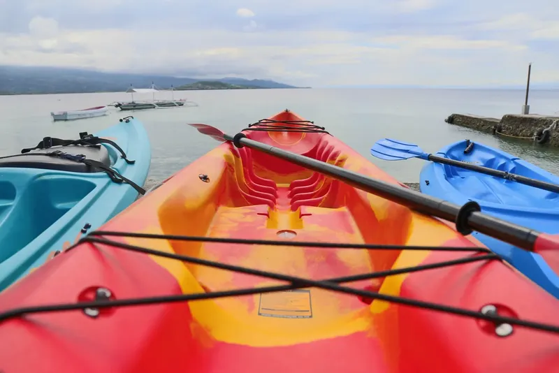 Kayaks colorés amarrés au bord de l'eau avec vue sur la mer