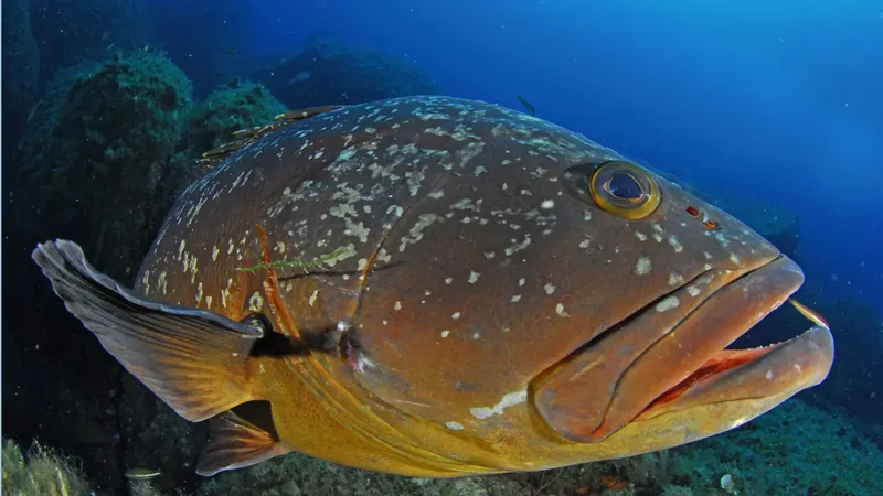 Gros mérou brun tacheté nageant dans une eau bleue claire