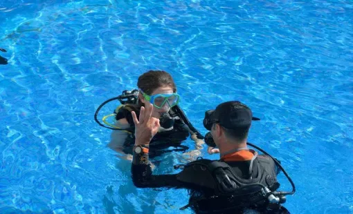Deux plongeurs en formation dans une piscine, communication gestuelle