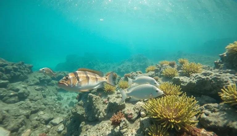 Poissons tropicaux nageant au milieu des coraux et des rochers sous-marins