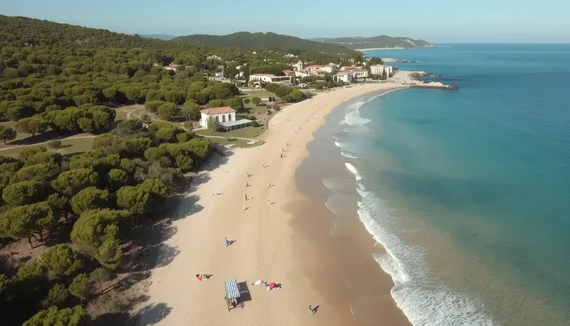 Vue aérienne d'une plage ensoleillée avec des baigneurs et des parasols