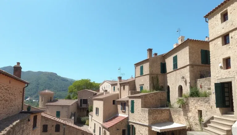 Vue d'ensemble d'un village avec des maisons en pierre et un ciel bleu