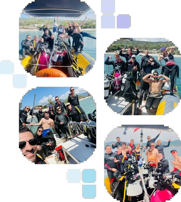 Groupe de plongeurs souriants sur un bateau de plongée en mer