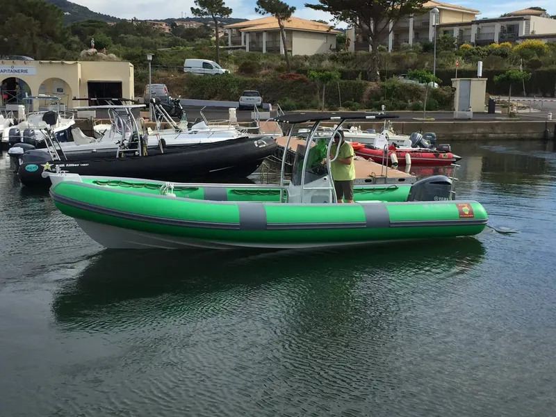 Bateau semi-rigide vert amarré dans un port ensoleillé avec une personne