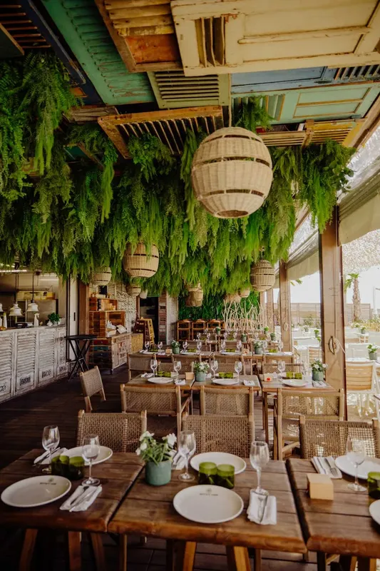Terrasse de restaurant décorée de plantes suspendues et de luminaires
