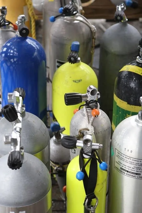 Bouteilles de plongée de différentes couleurs avec détendeurs et protections