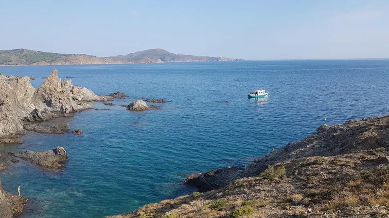 Vue côtière avec un bateau en mer et des rochers