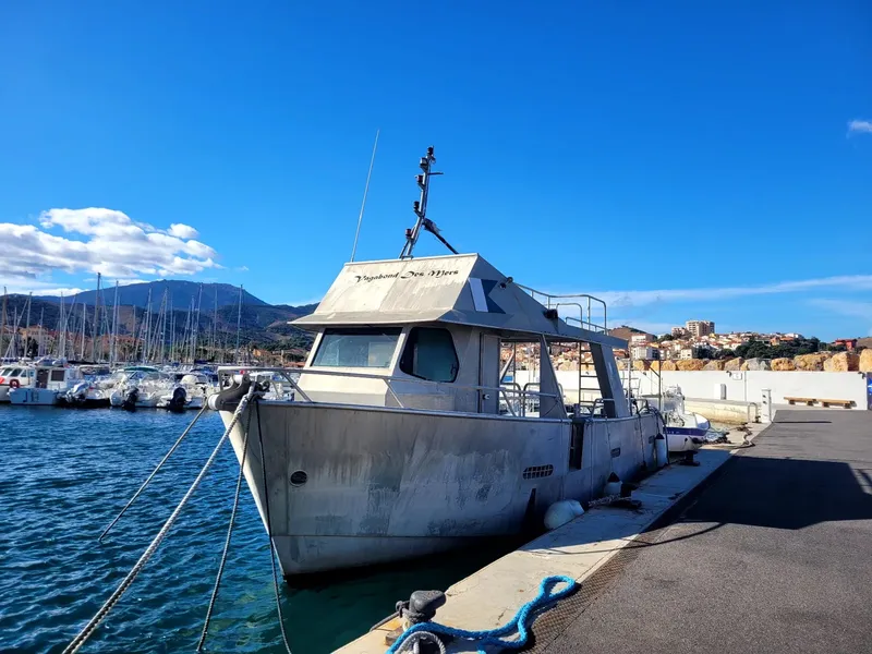 Bateau de plongée amarré dans un port ensoleillé avec des montagnes