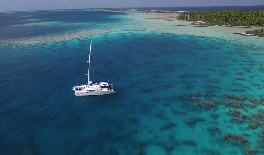 Catamaran blanc naviguant sur une mer turquoise au large d'une île